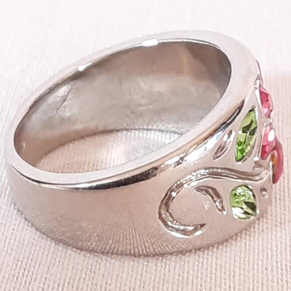 Colorful Band Ring Floral Encrusted Marquise Stones On Silver Tone Setting - Picture 4 of 10